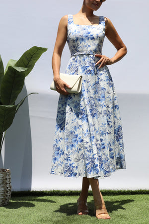 DD8294, PRINTED SQUARE NECK MIDI DRESS