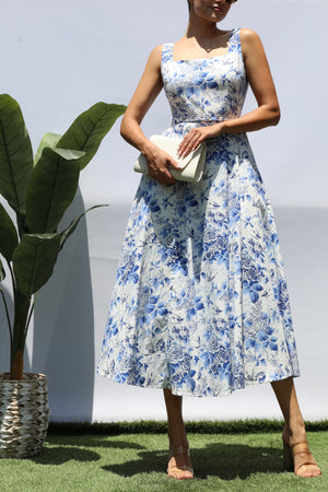 DD8294, PRINTED SQUARE NECK MIDI DRESS