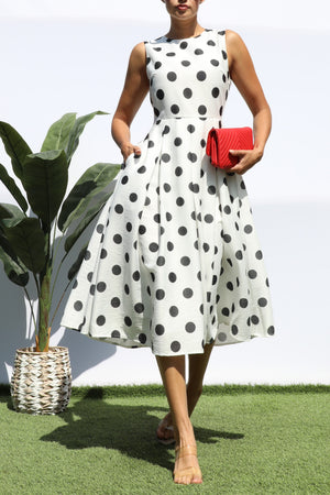 DD8234, POLKA DOT SLEEVELESS MIDI DRESS