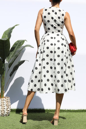 DD8234, POLKA DOT SLEEVELESS MIDI DRESS
