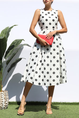 DD8234, POLKA DOT SLEEVELESS MIDI DRESS
