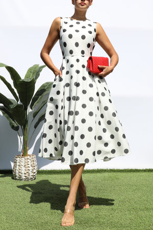 DD8234, POLKA DOT SLEEVELESS MIDI DRESS