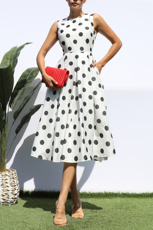 DD8234, POLKA DOT SLEEVELESS MIDI DRESS