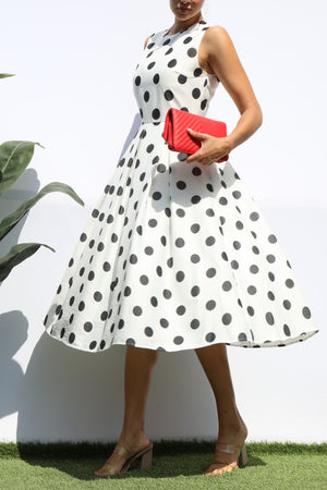 DD8234, POLKA DOT SLEEVELESS MIDI DRESS