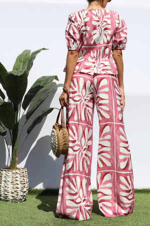 DD8281, PRINTED RIBBON TIE TOP AND PANTS SET