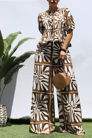DD8281, PRINTED RIBBON TIE TOP AND PANTS SET