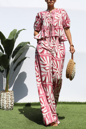 DD8281, PRINTED RIBBON TIE TOP AND PANTS SET