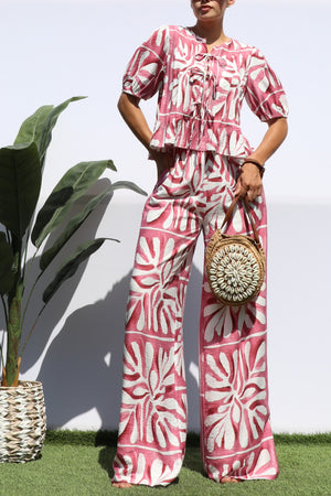DD8281, PRINTED RIBBON TIE TOP AND PANTS SET