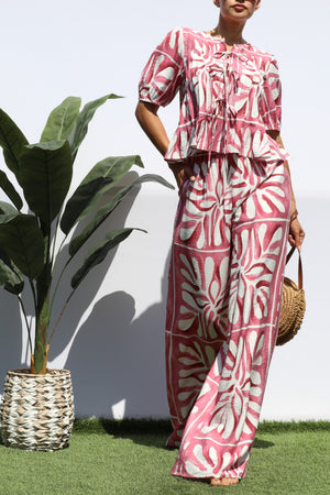 DD8281, PRINTED RIBBON TIE TOP AND PANTS SET