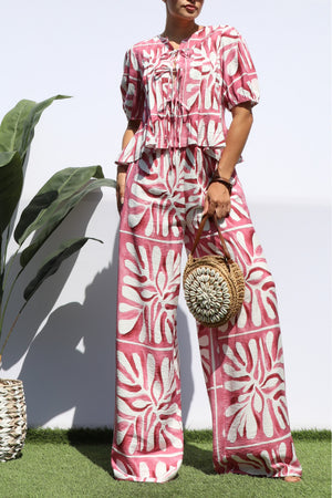 DD8281, PRINTED RIBBON TIE TOP AND PANTS SET
