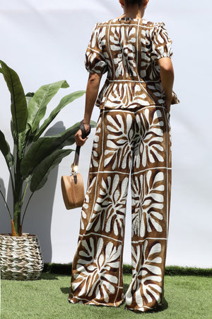 DD8281, PRINTED RIBBON TIE TOP AND PANTS SET