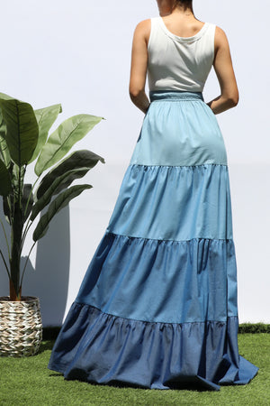 DD8203, COLOR BLOCK TANK TOP DENIM MAXI DRESSES