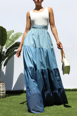 DD8203, COLOR BLOCK TANK TOP DENIM MAXI DRESSES