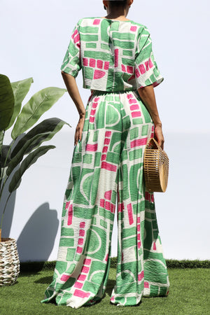 DD8288, PRINTED LOOSE FIT TOP AND FLARE-LEG PANTS SET