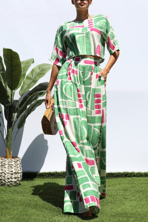 DD8288, PRINTED LOOSE FIT TOP AND FLARE-LEG PANTS SET