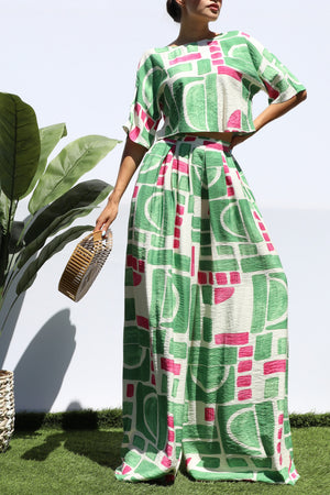 DD8288, PRINTED LOOSE FIT TOP AND FLARE-LEG PANTS SET