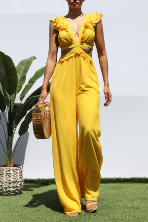 DD3735, LACE UP RUFFLED JUMPSUIT