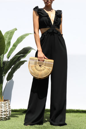 DD3735, LACE UP RUFFLED JUMPSUIT