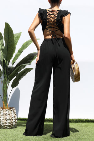 DD3735, LACE UP RUFFLED JUMPSUIT