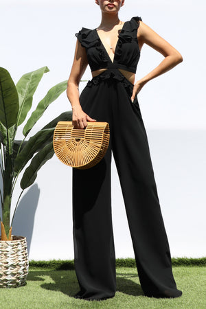 DD3735, LACE UP RUFFLED JUMPSUIT