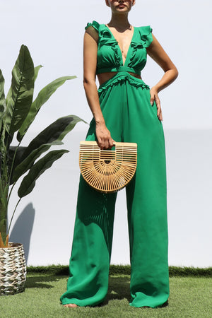 DD3735, LACE UP RUFFLED JUMPSUIT