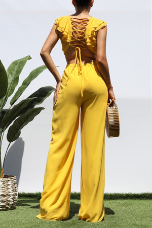 DD3735, LACE UP RUFFLED JUMPSUIT