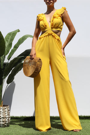 DD3735, LACE UP RUFFLED JUMPSUIT