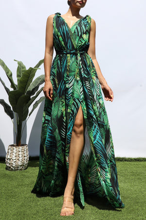 DD8284, LEAF DEEP V NECK MAXI DRESS