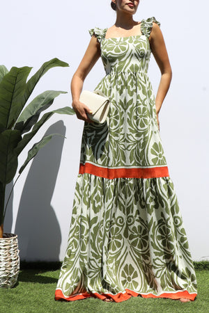 DD8330, SQUARE V NECK TIERED MAXI DRESS