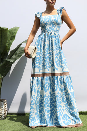 DD8330, SQUARE V NECK TIERED MAXI DRESS