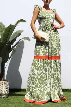 DD8330, SQUARE V NECK TIERED MAXI DRESS