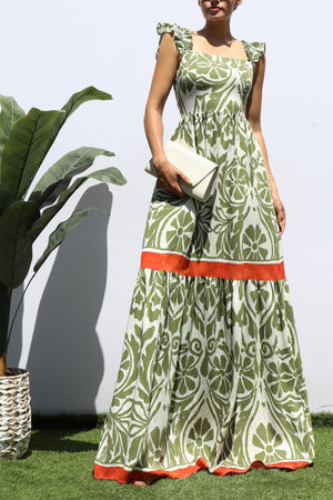 DD8330, SQUARE V NECK TIERED MAXI DRESS