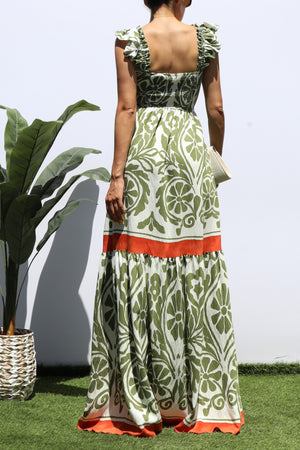DD8330, SQUARE V NECK TIERED MAXI DRESS