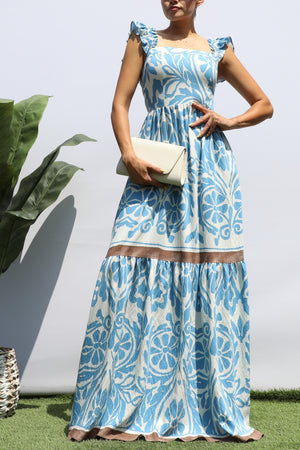 DD8330, SQUARE V NECK TIERED MAXI DRESS