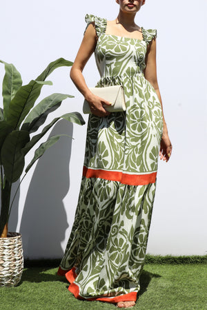 DD8330, SQUARE V NECK TIERED MAXI DRESS