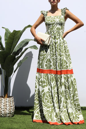 DD8330, SQUARE V NECK TIERED MAXI DRESS