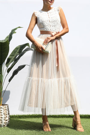 DD4393, LACE TOP MESH RUFFLED MIDI DRESS