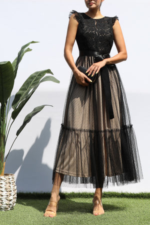 DD4393, LACE TOP MESH RUFFLED MIDI DRESS
