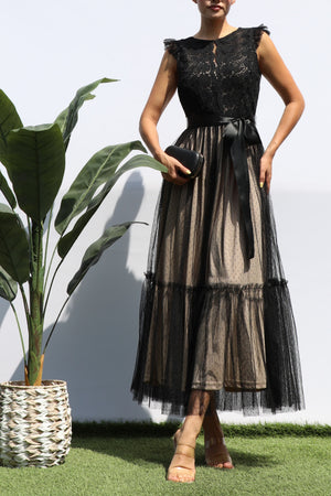 DD4393, LACE TOP MESH RUFFLED MIDI DRESS