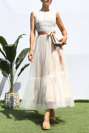 DD4393, LACE TOP MESH RUFFLED MIDI DRESS