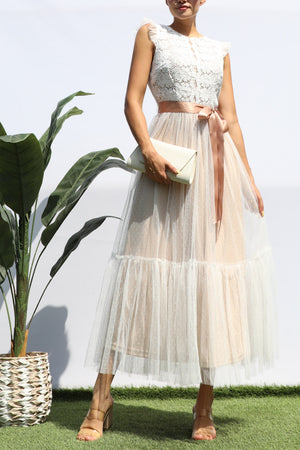 DD4393, LACE TOP MESH RUFFLED MIDI DRESS