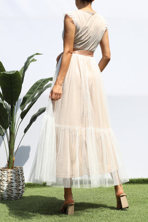 DD4393, LACE TOP MESH RUFFLED MIDI DRESS
