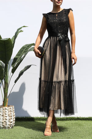 DD4393, LACE TOP MESH RUFFLED MIDI DRESS