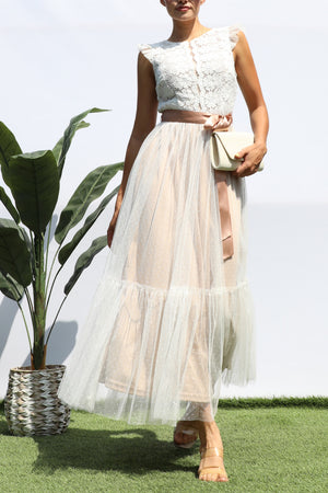 DD4393, LACE TOP MESH RUFFLED MIDI DRESS