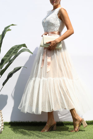 DD4393, LACE TOP MESH RUFFLED MIDI DRESS