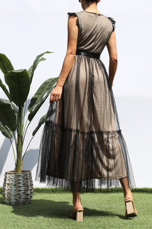 DD4393, LACE TOP MESH RUFFLED MIDI DRESS