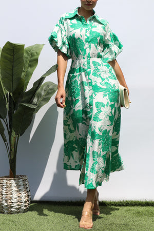 DD8359, FLORAL BUBBLE SLEEVES SHIRT DRESS