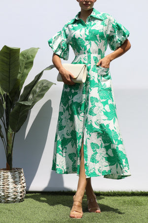 DD8359, FLORAL BUBBLE SLEEVES SHIRT DRESS