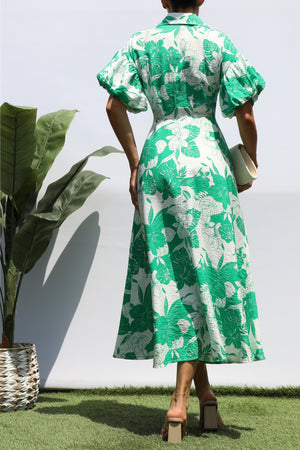 DD8359, FLORAL BUBBLE SLEEVES SHIRT DRESS
