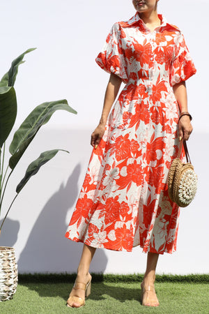 DD8359, FLORAL BUBBLE SLEEVES SHIRT DRESS